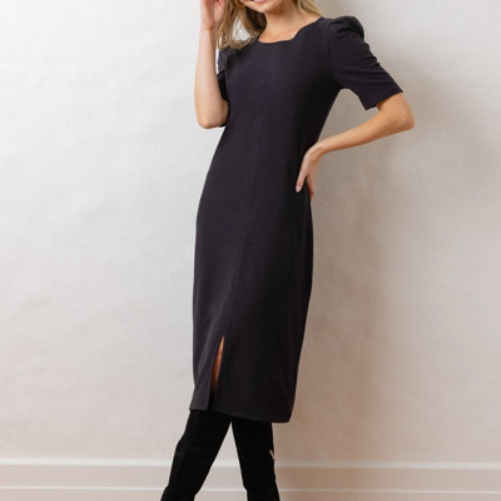 DUDLEY STEPHENS Duncan Midi Dress In Terry Fleece In Black Size XL